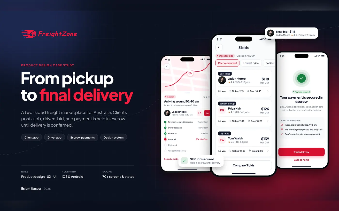 The FreightZone cover: the headline From pickup to final delivery beside three phone screens, a delivery in transit, three bids to compare and a payment secured in escrow.