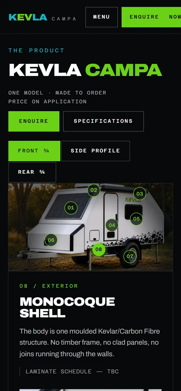 The caravan explorer on a phone: view tabs, the caravan photo with numbered hotspots, and the notes for hotspot 08, the monocoque shell.