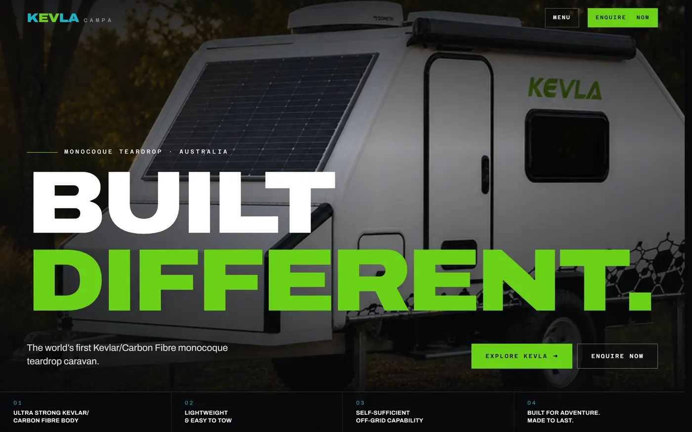The Kevla Campa home page: the headline Built different. over a photo of the white caravan, with Explore Kevla and Enquire now buttons.