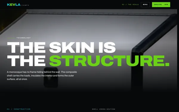 The technology page: the headline The skin is the structure, over a close-up of the shell.