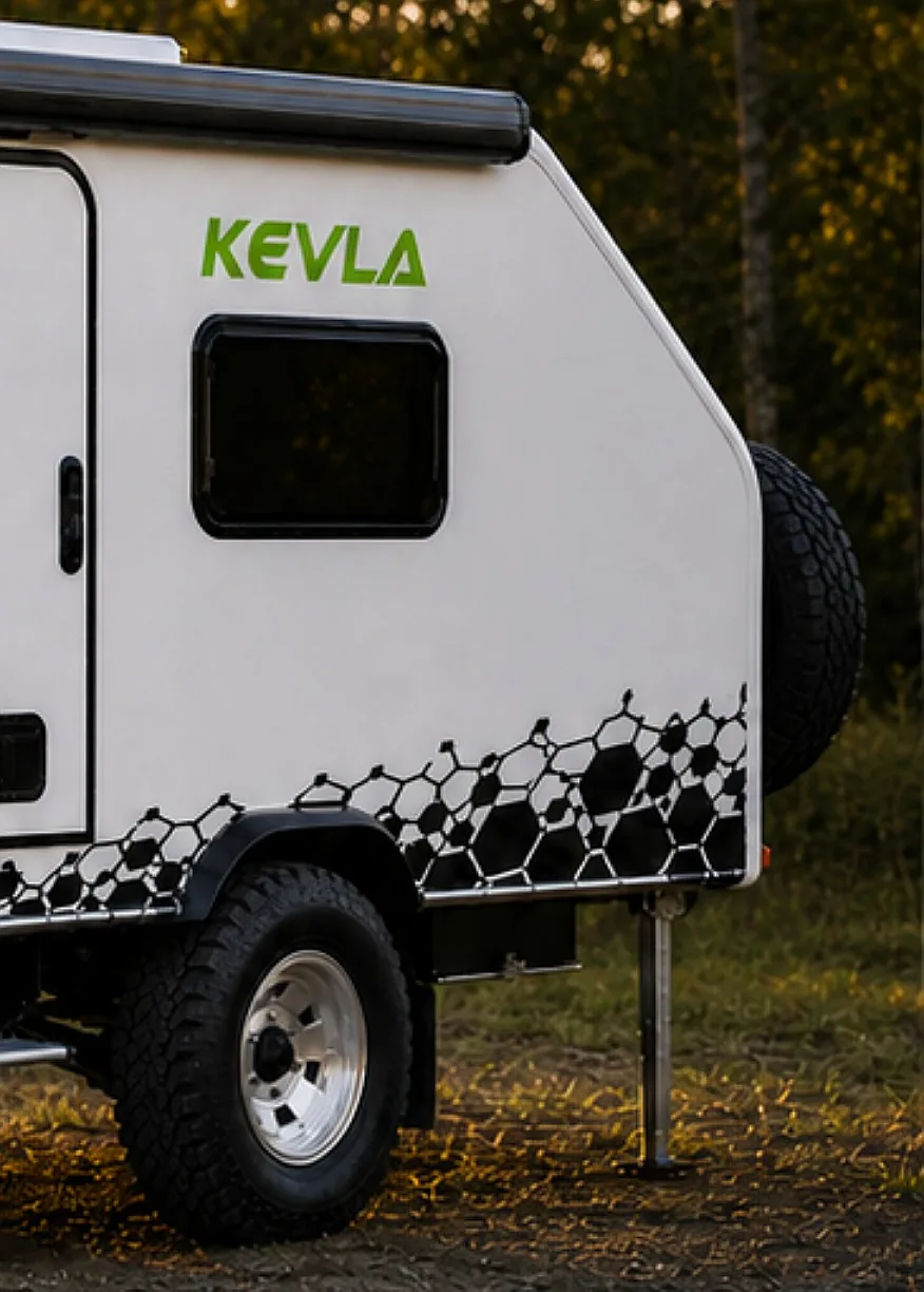 KEVLA CAMPA rear three-quarter view with spare wheel and awning side